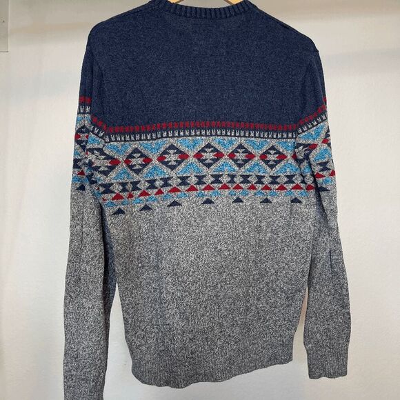 Hollister Mens Fair Isle Crew Neck Sweater Blue Gray Knit Pullover - Picture 4 of 8